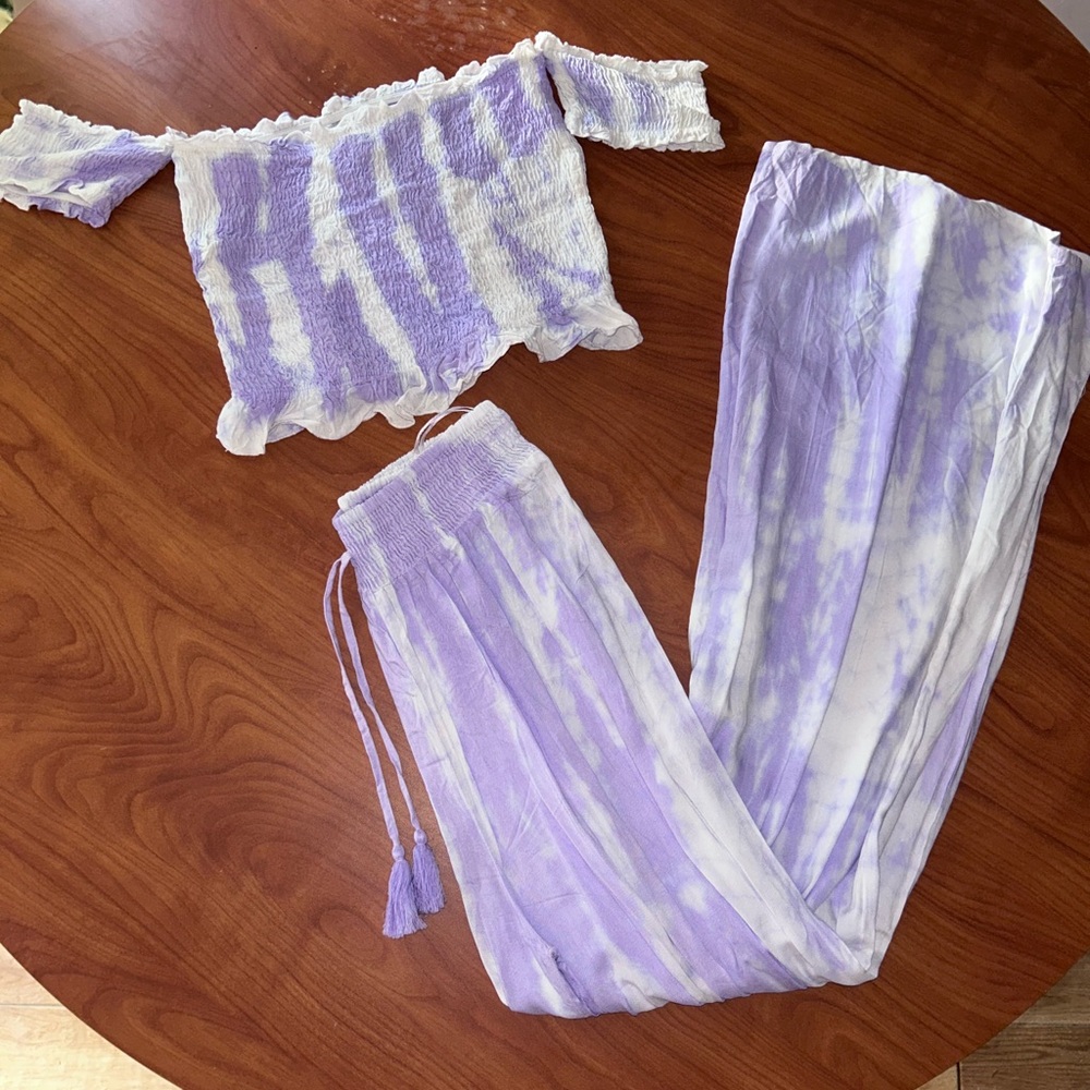 Lavender Tie-Dye Two-Piece Set - Off-Shoulder Top & Drawstring Pants